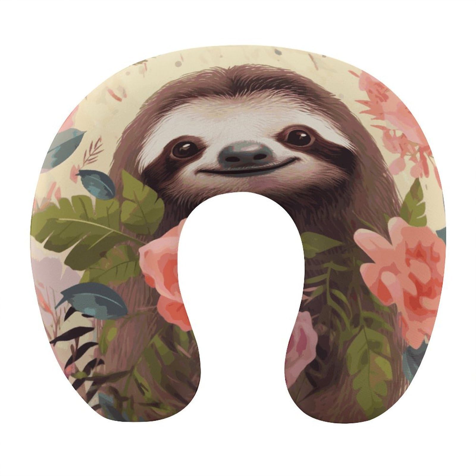 Adfgyerh Style Sloth And Flowers U-Shaped Pillow，Memory Foam Pillow Core，Cushion ，Provide Neck Support ，Travel Pillow，Suitable For Airplanes, Cars, Homes, And Offices.