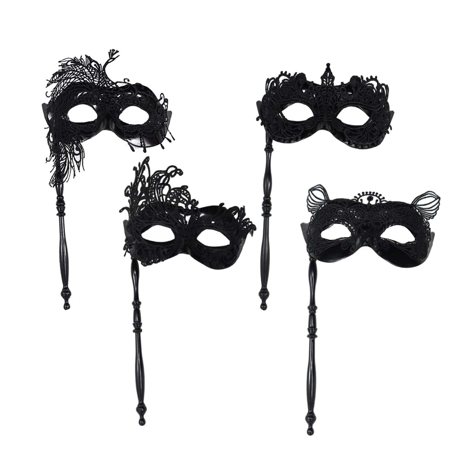 MLYPRU 4 Pcs Masquerade Mask with Stick Mysterious Lace Masquerade Ball Masks for Venetian Halloween, Lightweight Mardi Gras Mask(Set A)