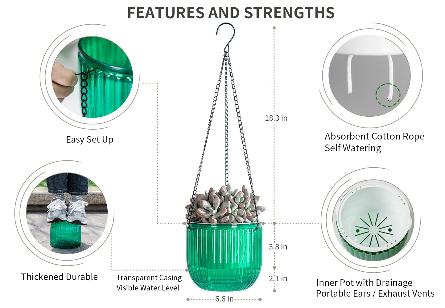 3 fioriere autoirriganti da 11,4 cm con fori di drenaggio, piccole fioriere da appendere per esterni, livello dell'acqua visibile, decorazione per la casa, giardinaggio