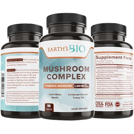 Mushroom Supplement Complex 2,600 mg per Serving, 90 Caps, with Organic Lion's Mane Mushroom, Turkey Tail, Enoki Agaricus, White Button & Oyster Mushroom - Memory & Immune Support