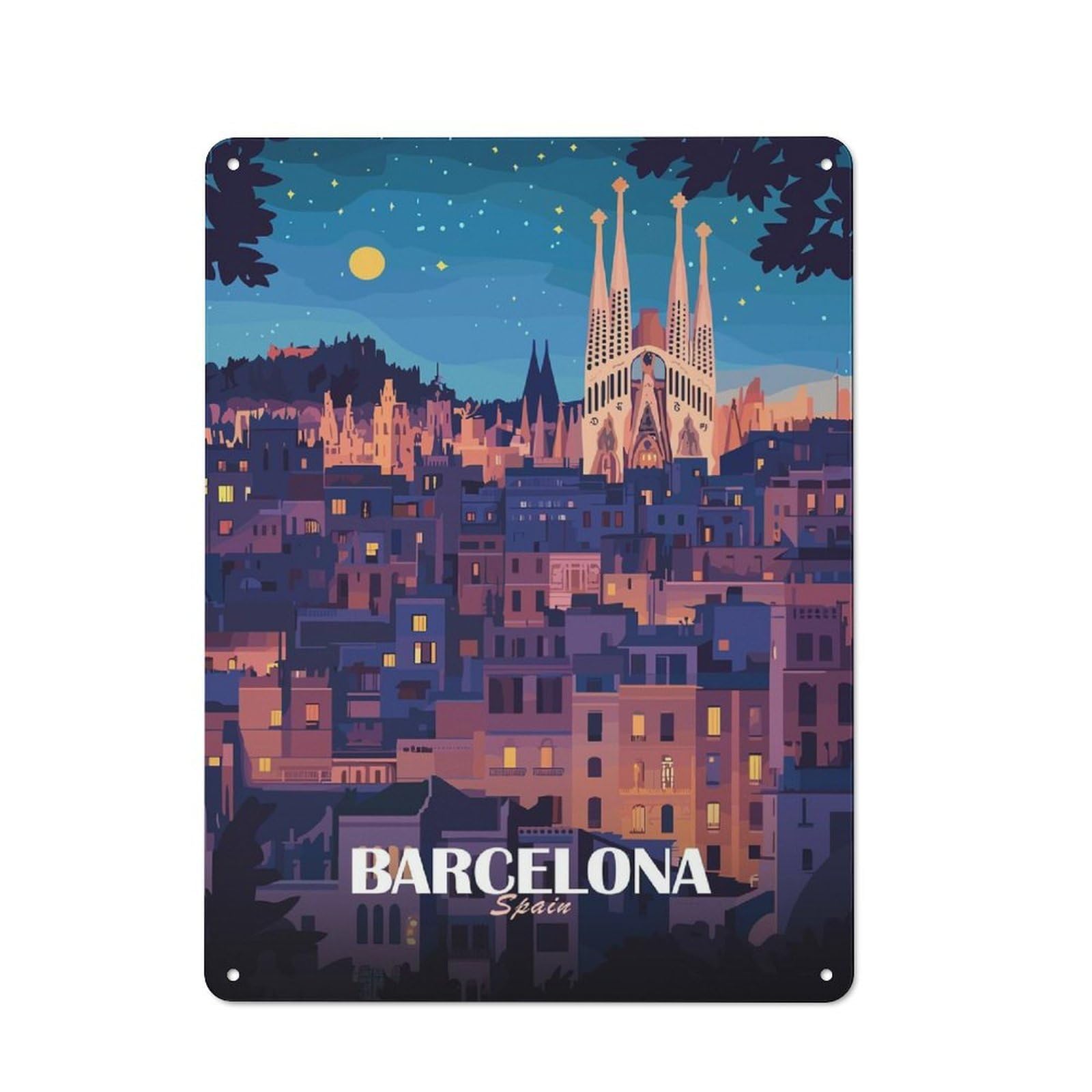 Retro Kitchen Metal Sign 40x30cm Featuring Barcelona Spain Cityscape at Night, Bistro Wall Plaque for Restaurant, Kitchen, Counter Or Breakfast Nook