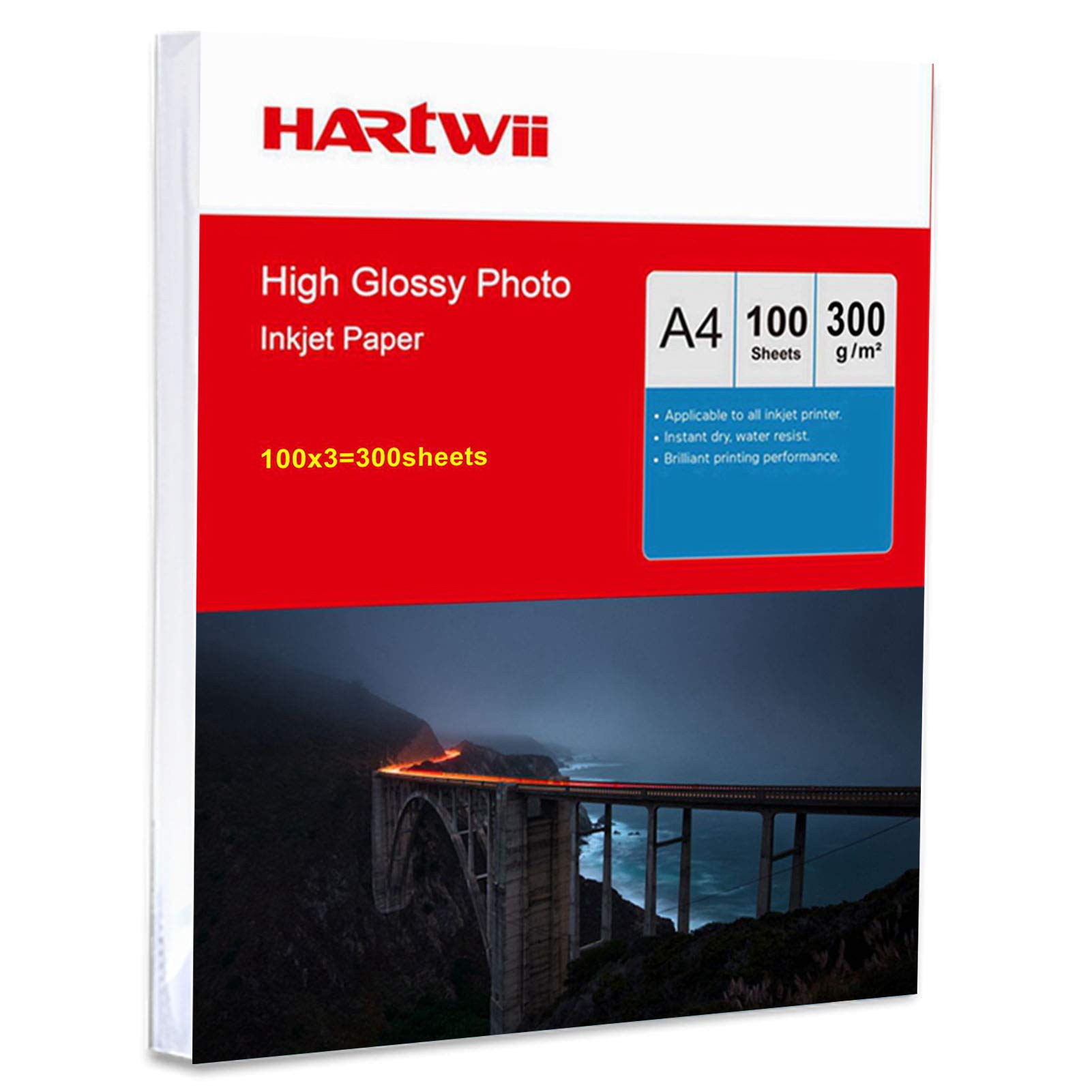 Papel fotográfico de 300 g/m² de grosor A4 de alto brillo para inyección de tinta, impresión de imágenes Hartwii 300Gsm x 300sheets