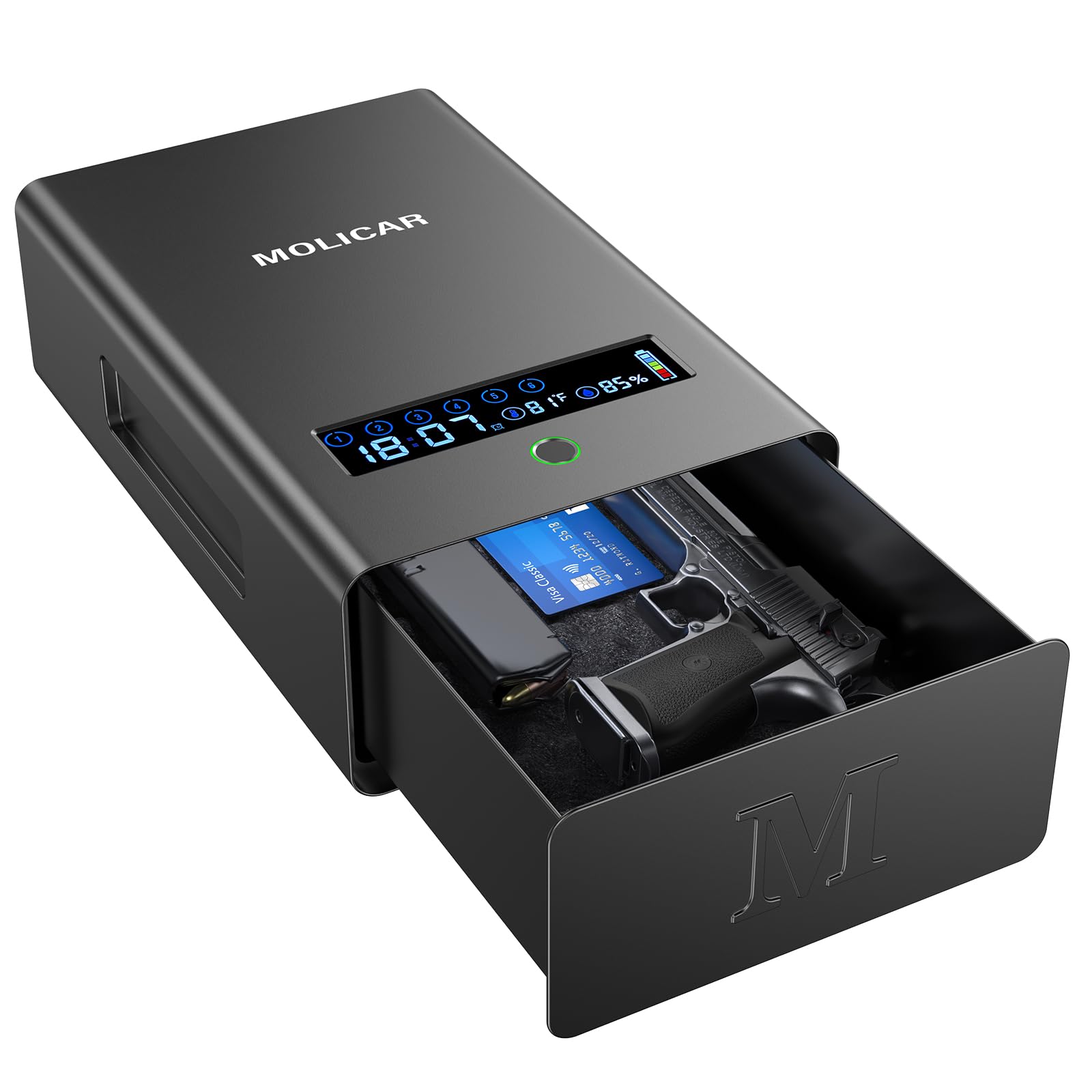 Gun Safe for Handgun, Alarm Clock Biometric Pistol Safe Fingerprint Handgun Safe with Touchscreen Keypad LCD of Temp, Humidity, 3 Ways Quick Access Slide Away Bedside Gun Safe for Nightstand