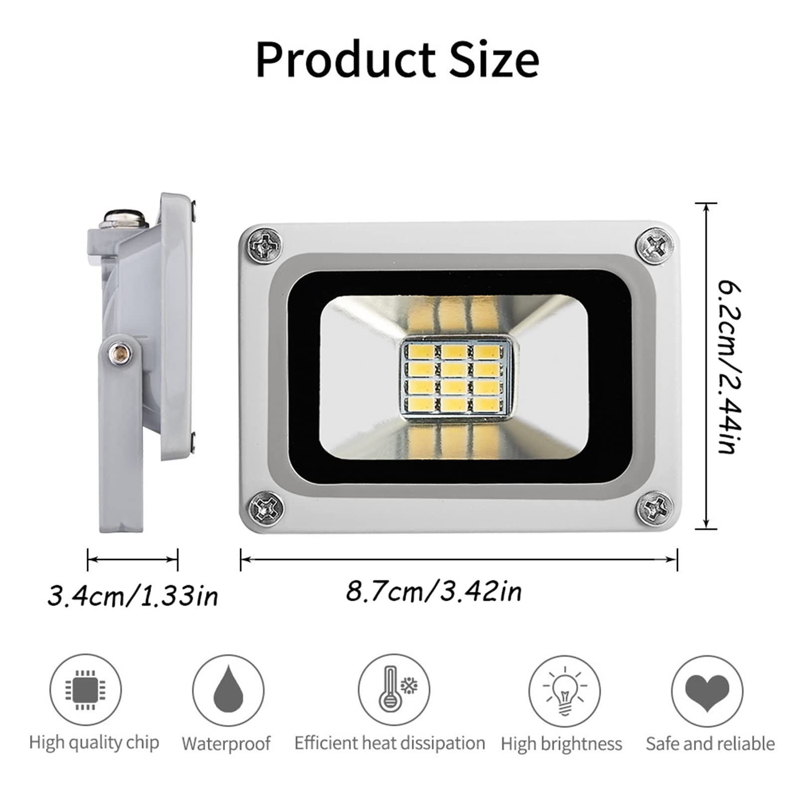 Foco LED de Seguridad for Exteriores, 10 W, 800 LM, 6500 K, luz Blanca Diurna, IP65, Impermeable, for Patio, Parque, Estanque, 12 V-24 V CC.(6 Packs)