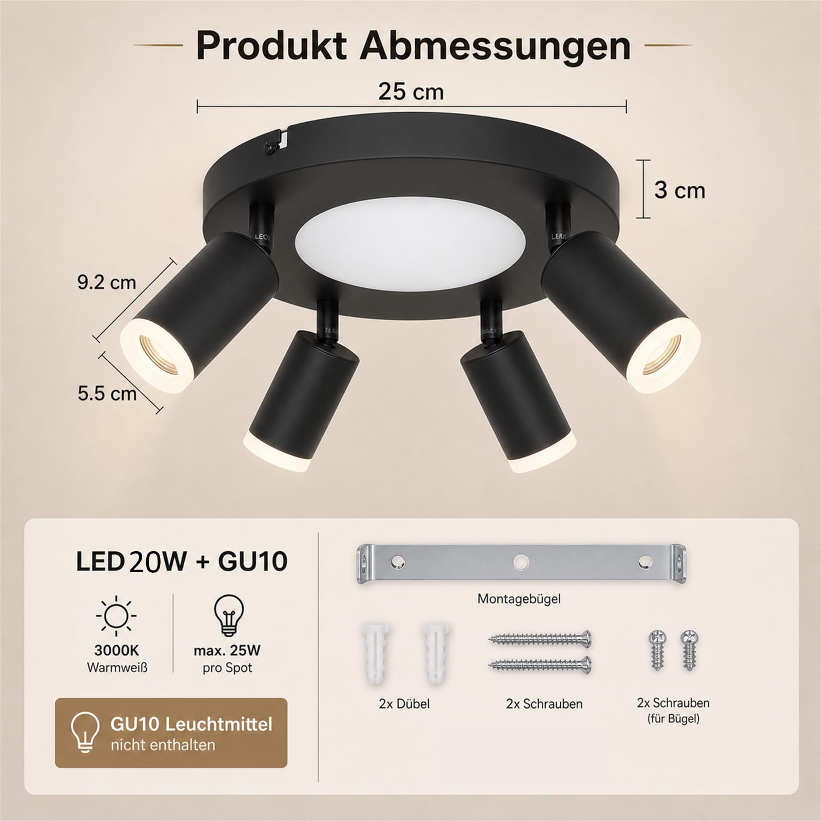 LED Deckenstrahler 4 Flammig Rund Schwarz Deckenlampe Warmweiß