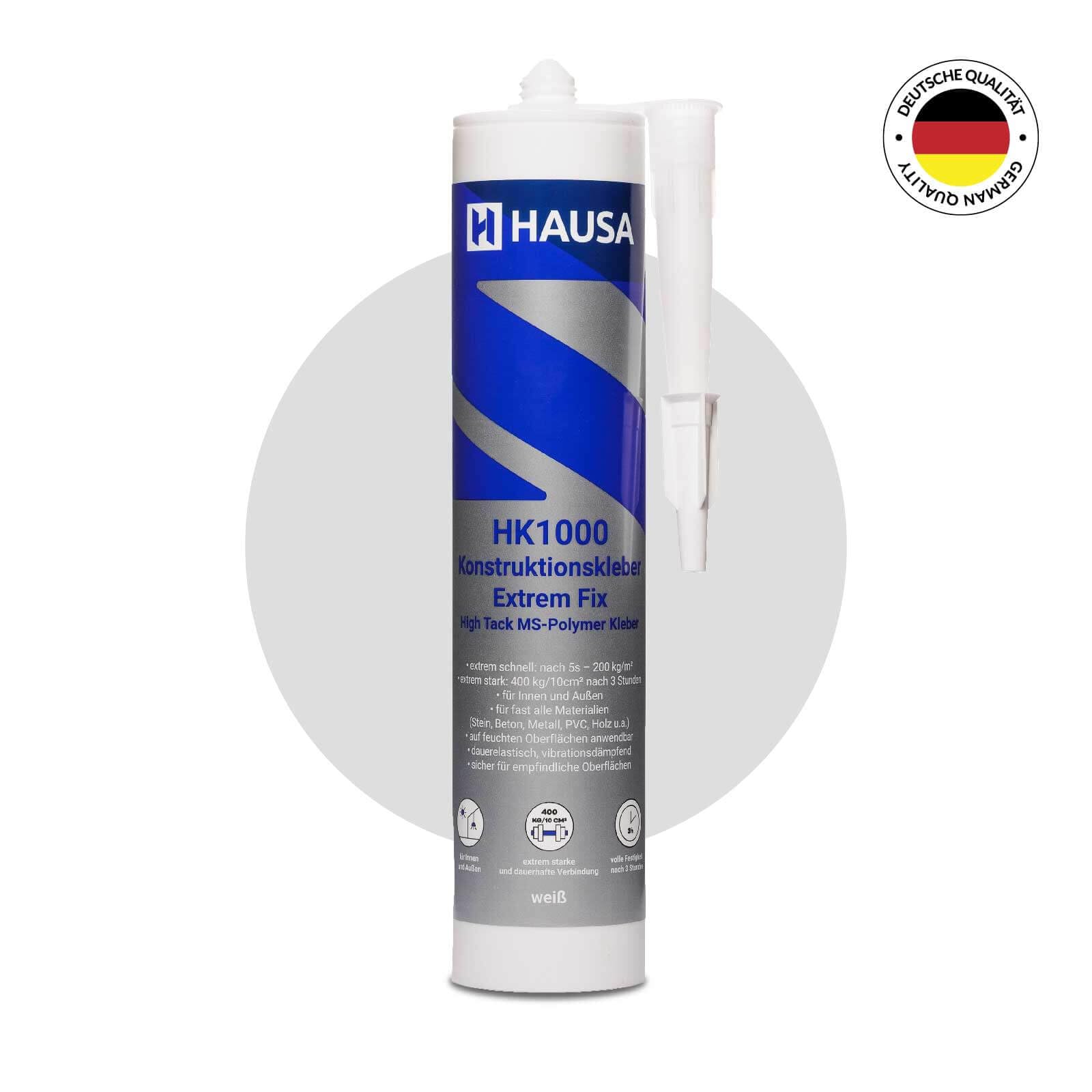 HAUSA Colle de construction HK1000 Extrem Fix Extrêmement forte et rapide Colle de montage professionnelle pour tout intérieur et extérieur Montage simple solide et rapide 6x 290ml Blanc