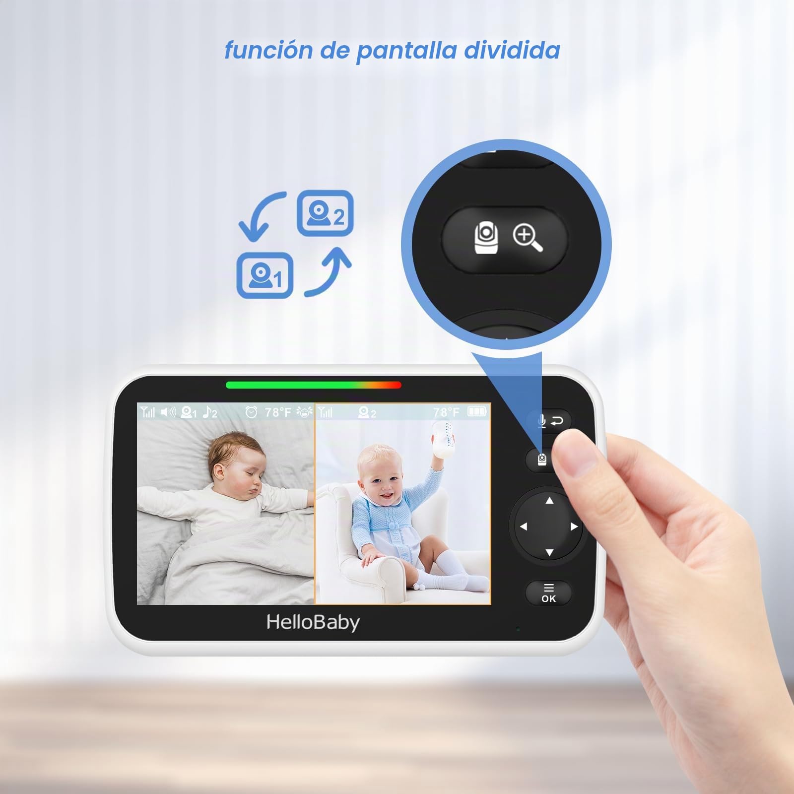 HelloBaby Monitor de vídeo para bebé, pantalla dividida de 5 pulgadas con cámaras duales, cámaras remotas con visión nocturna y control de temperatura, modo ECO, conversación bidireccional