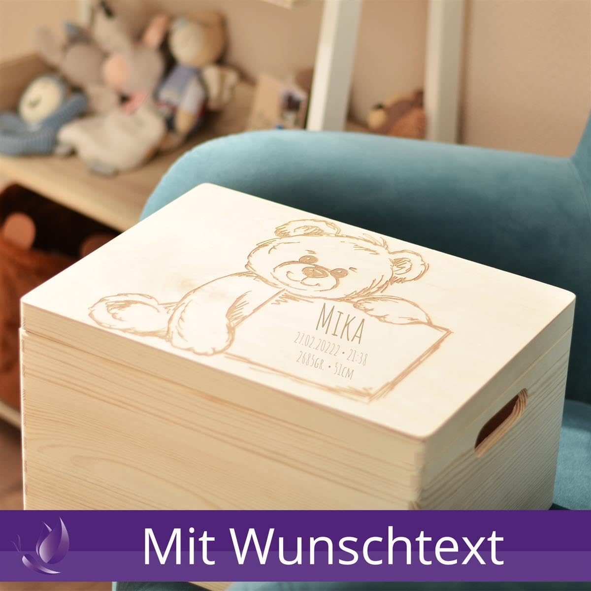 Scatola dei ricordi personalizzata per neonati e bambini con incisione Teddy, scatola in legno per bei ricordi, 40 x 30 x 23 cm