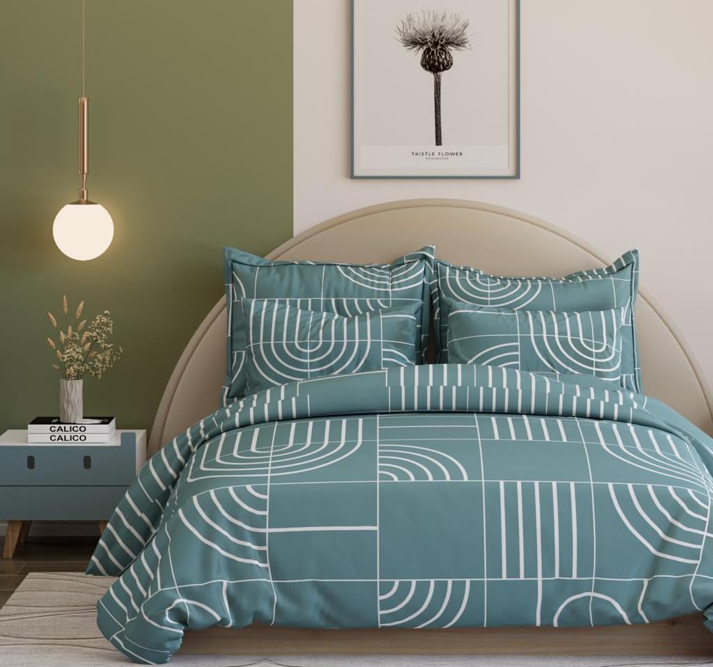 DECOMIZER Cotton Feel Glace Cotton Elastic Fitted Printed King Size Double Bed Bedsheet With 2 Pillow Cover 300 tcm Fits Upto 10 To 12 Inches Mattress,Size- 72X78X14 Inches,Sky Blue Check