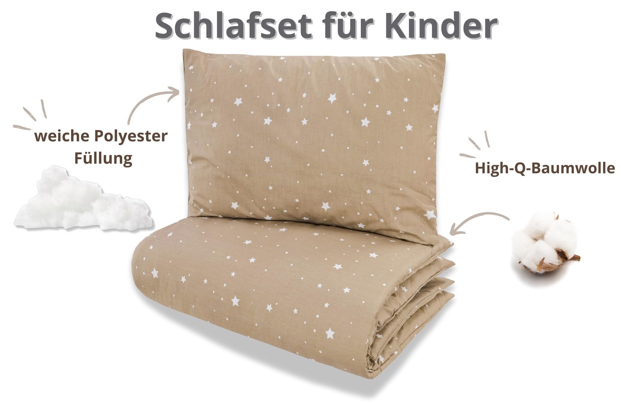 Totsy Baby Trapunta per bambino cotone 90x120 - piumono culla neonato set Imbottitura per piumone 90 x 120 cm con cuscino 40 x 60 cm per ragazzi e ragazze Oeko-Tex Beige con stelle bianche