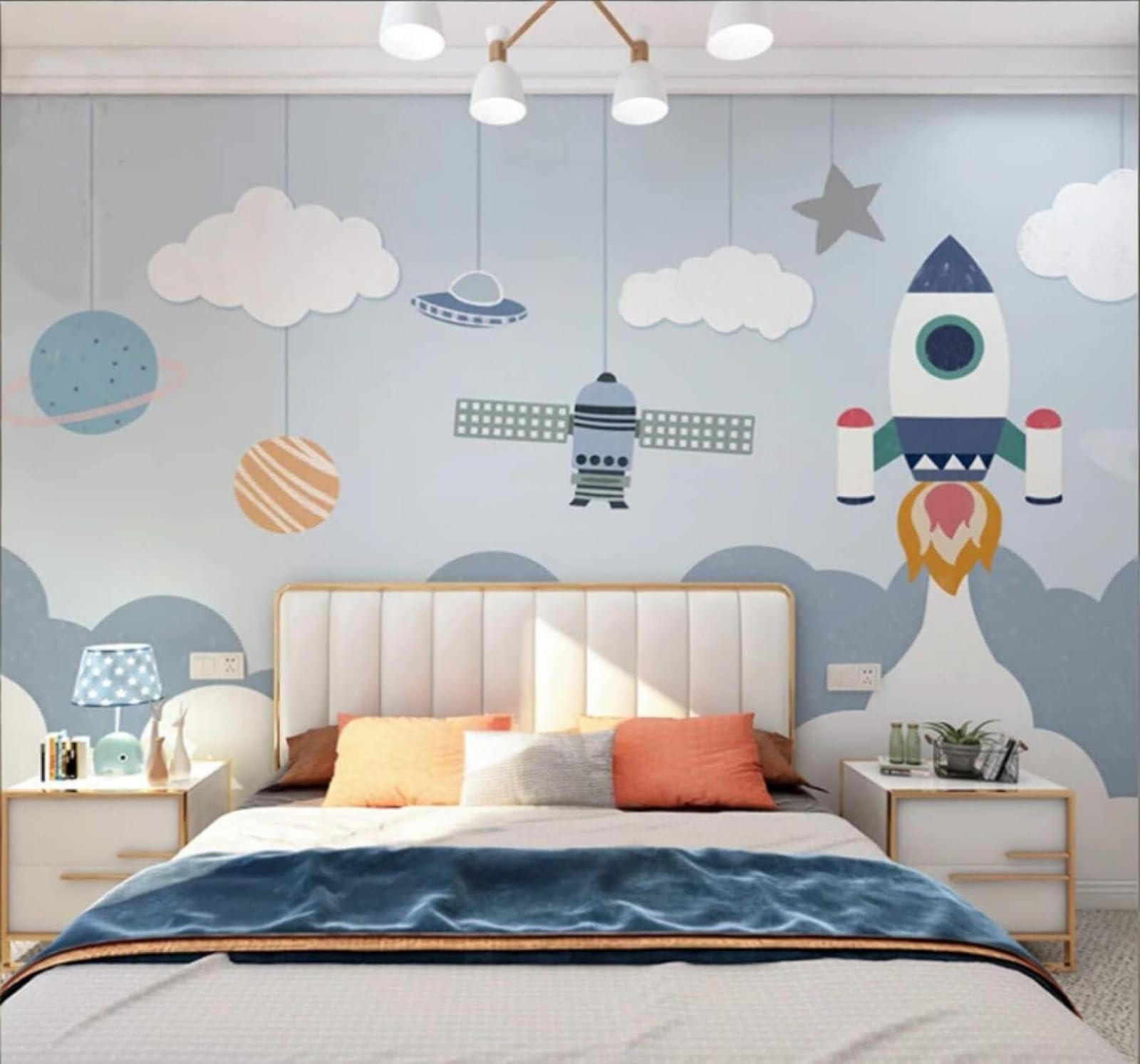 XLMING Cartoon Blue Space Planet Rocket 3D Wallpaper Luxury Home Dining Decor Paste Sofa Living Room The Wall for Bedroom Mural-250cm×170cm