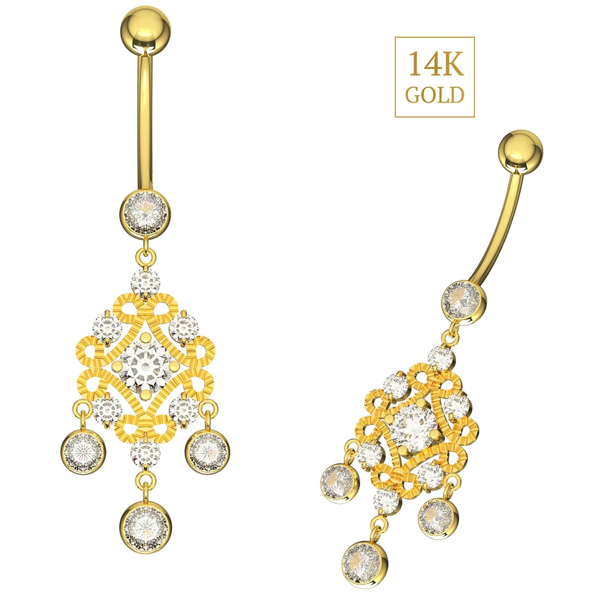 Piercing para el ombligo de oro amarillo macizo de 14 quilates con piedra de circonia cúbica, diseño floral, joyería de ombligo de 14 quilates, calibre 14, 14 Gauge - 12mm Length,