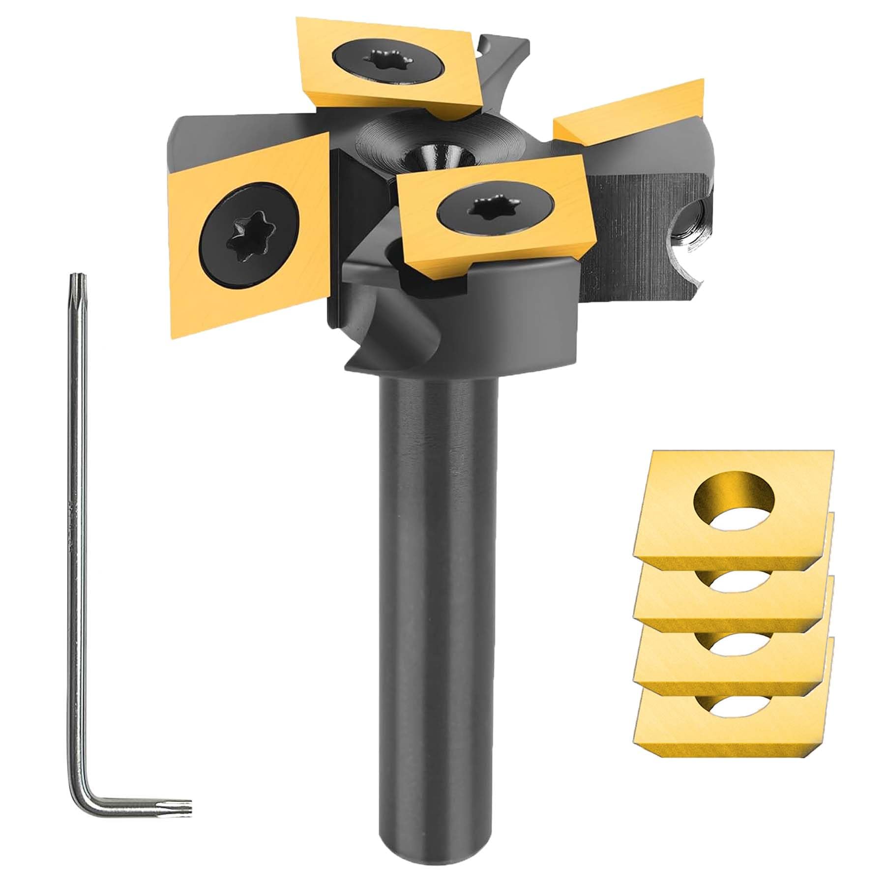 SpeTool Planfräser 8mm Schaft 38.1mm Schnittdurchmesser Planfräser mit 4 austauschbaren Hartmetallmessern (12mmx12mmx2,2mm) mit ATS Beschichtung 2+2 Wendeplatten CNC Fräser holz Flöten Oberflächenbit