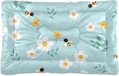 Miniatura 1 de Tapete de cama ultrasuave para mascotas, diseño de flores con hojas y abeja de miel, tapete corto para jaula con parte inferior antideslizante,