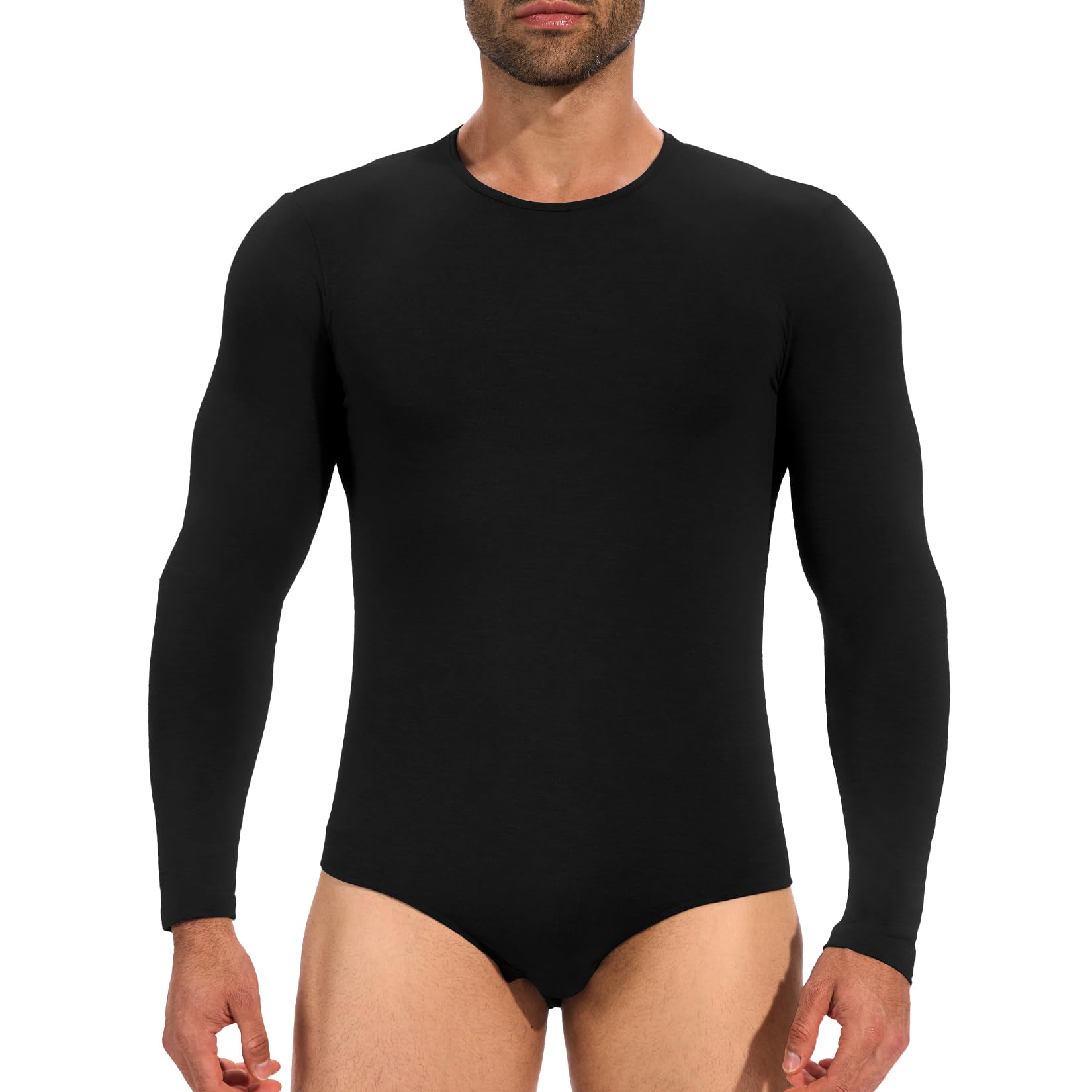 Mens Long Sleeve Bodysuit Pajamas One Piece Crew Neck Romper Body Suit Basic Onesie Shirt