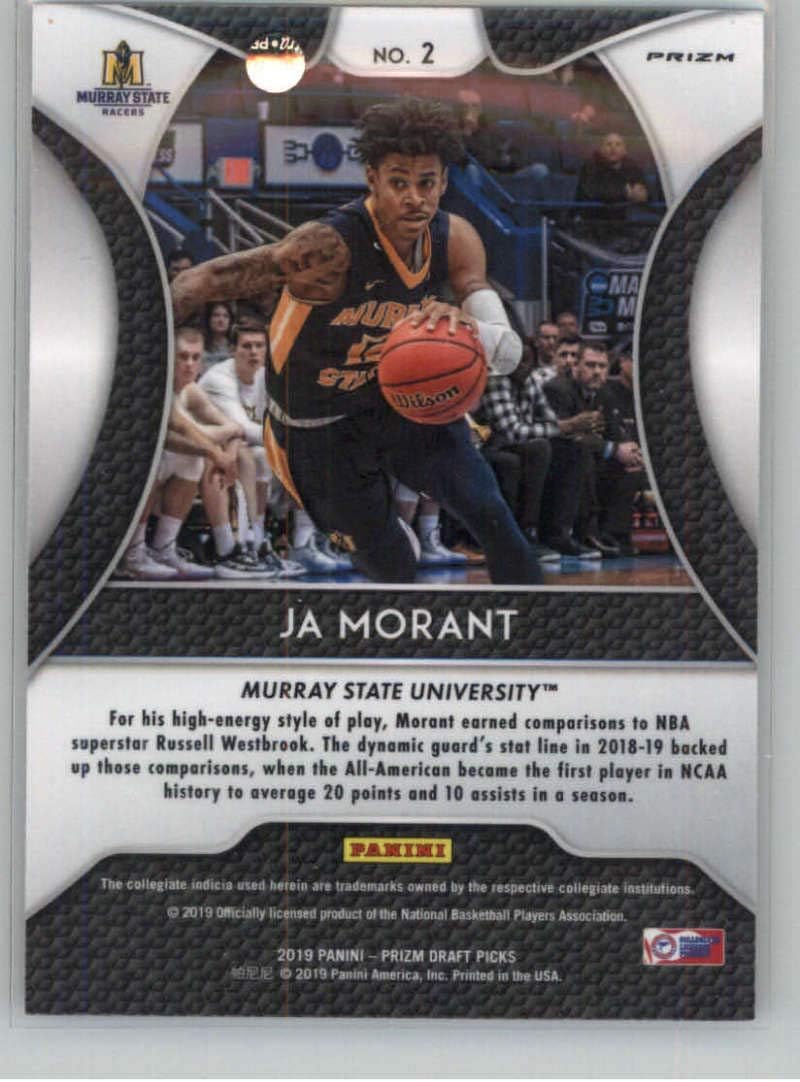 2019-20 Prizm Draft Picks Silver Prizm Refractor Basketball #2 Ja Morant Murray State Racers Official NCAA Trading Card From Panini America