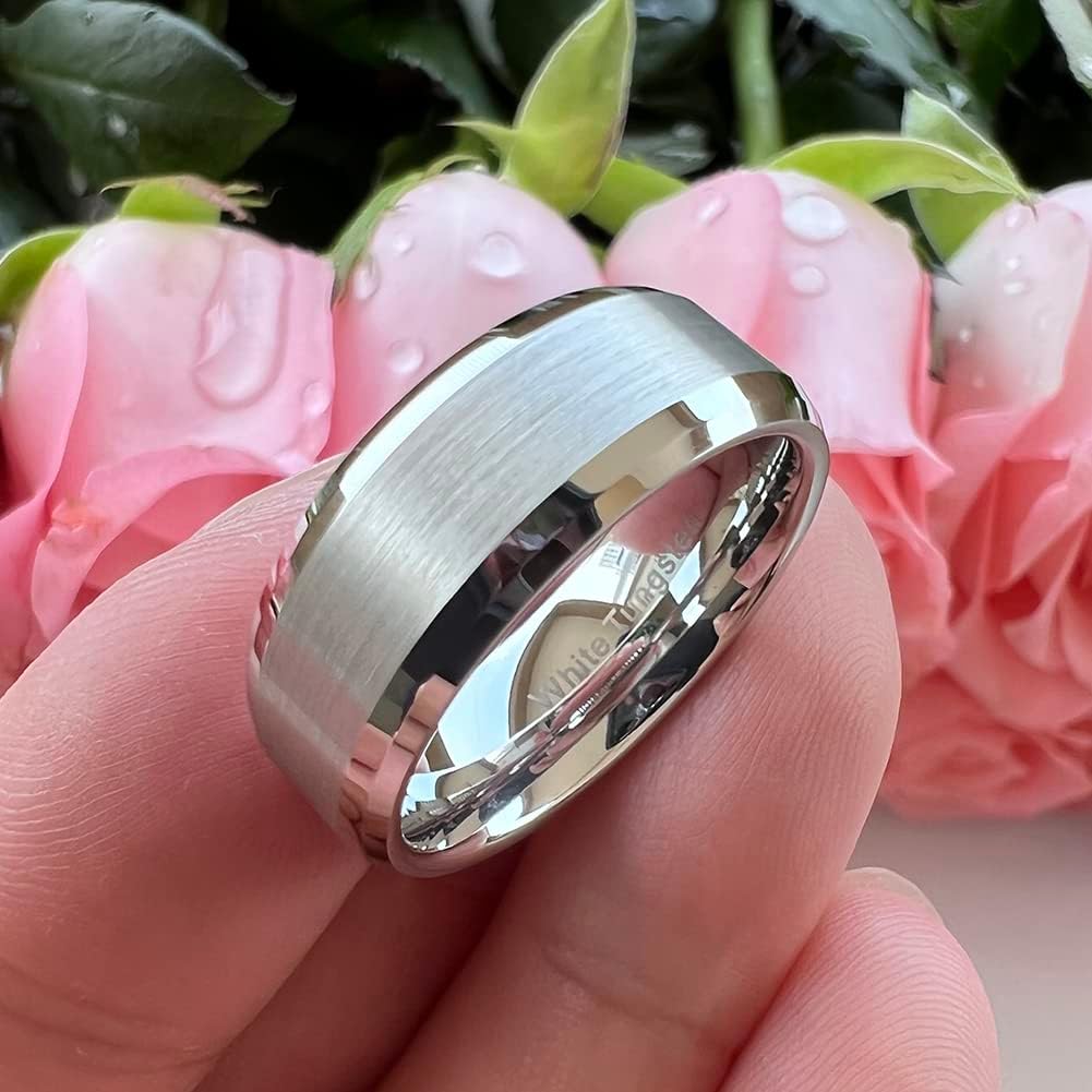 6mm 8mm White Tungsten Rings for Men Women Couple Fashion Jewelry Engagement Wedding Bands Matte Finish Beveled Edges Comfort Fit - Image 4
