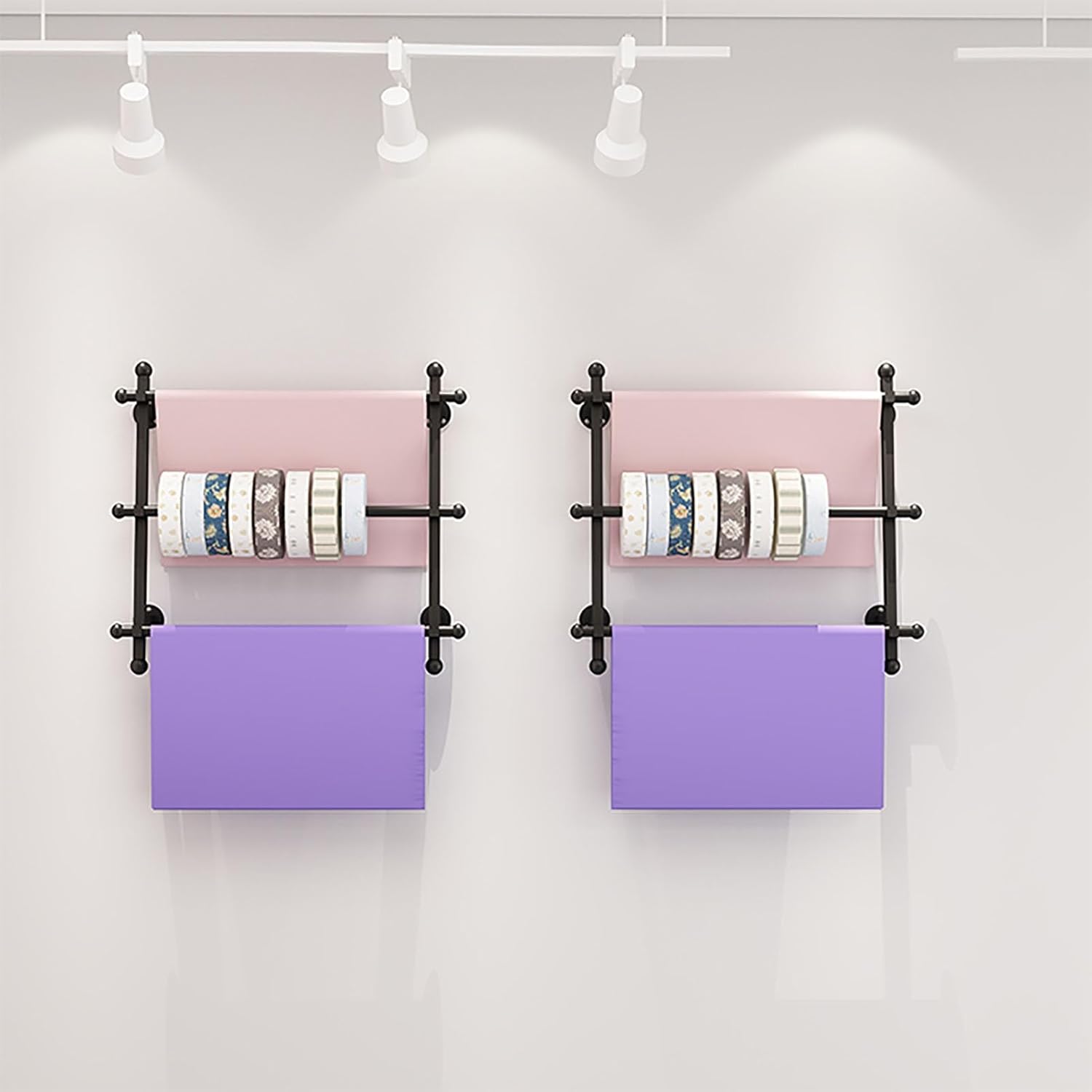 Heavy Duty Wall-Mounted Ribbon Rack Stand, Metal Wrapping Paper & Scarf Organizer, Easy Install Storage Solution, Stylish Black - 80x60cm