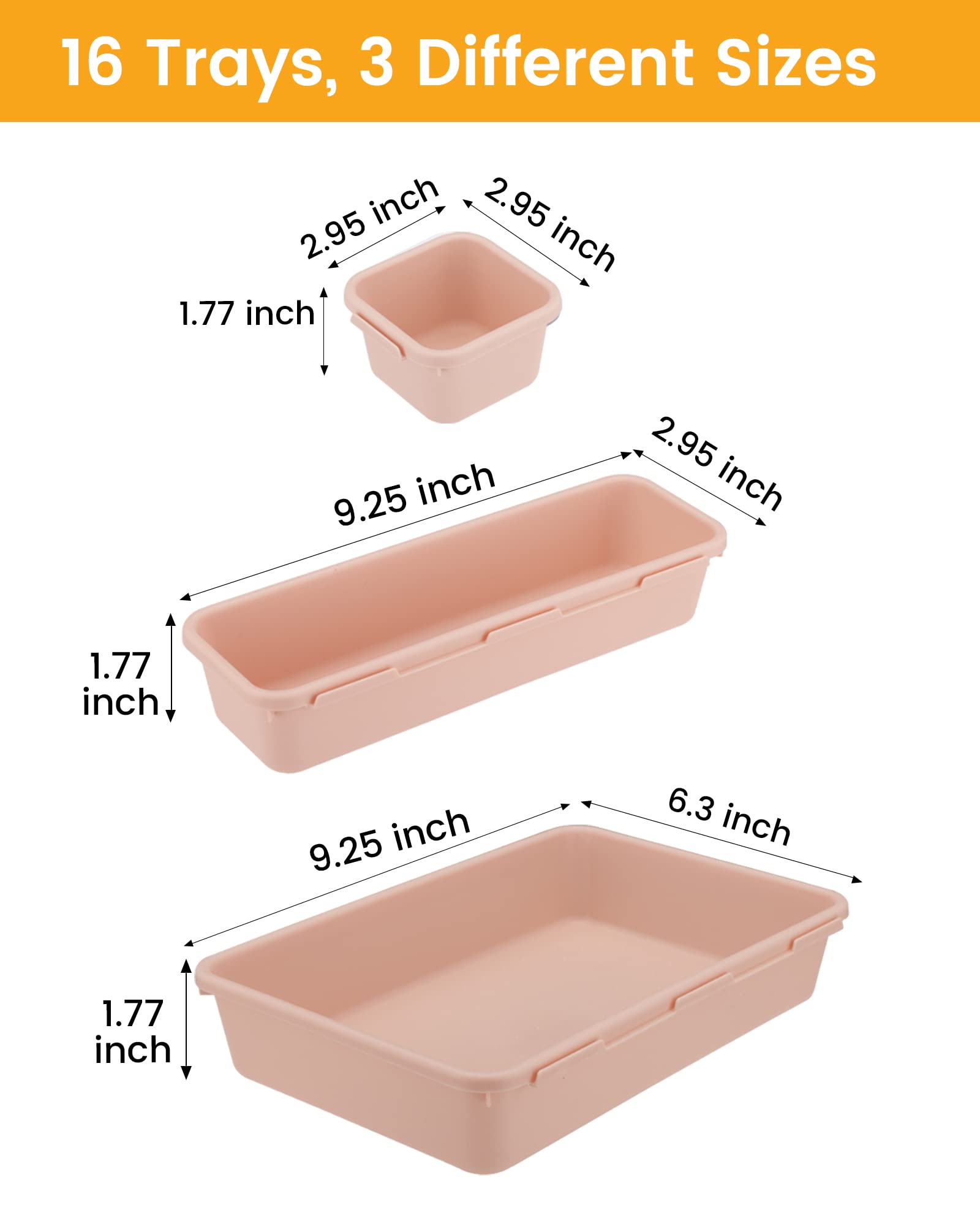 Famhap 16 PCS Pink Desk Drawer Organizers, Versatile Bathroom and Vanity Drawer Organizer Trays, Storage Bins for Makeup, Bedroom, Kitchen Gadgets Utensils and Office