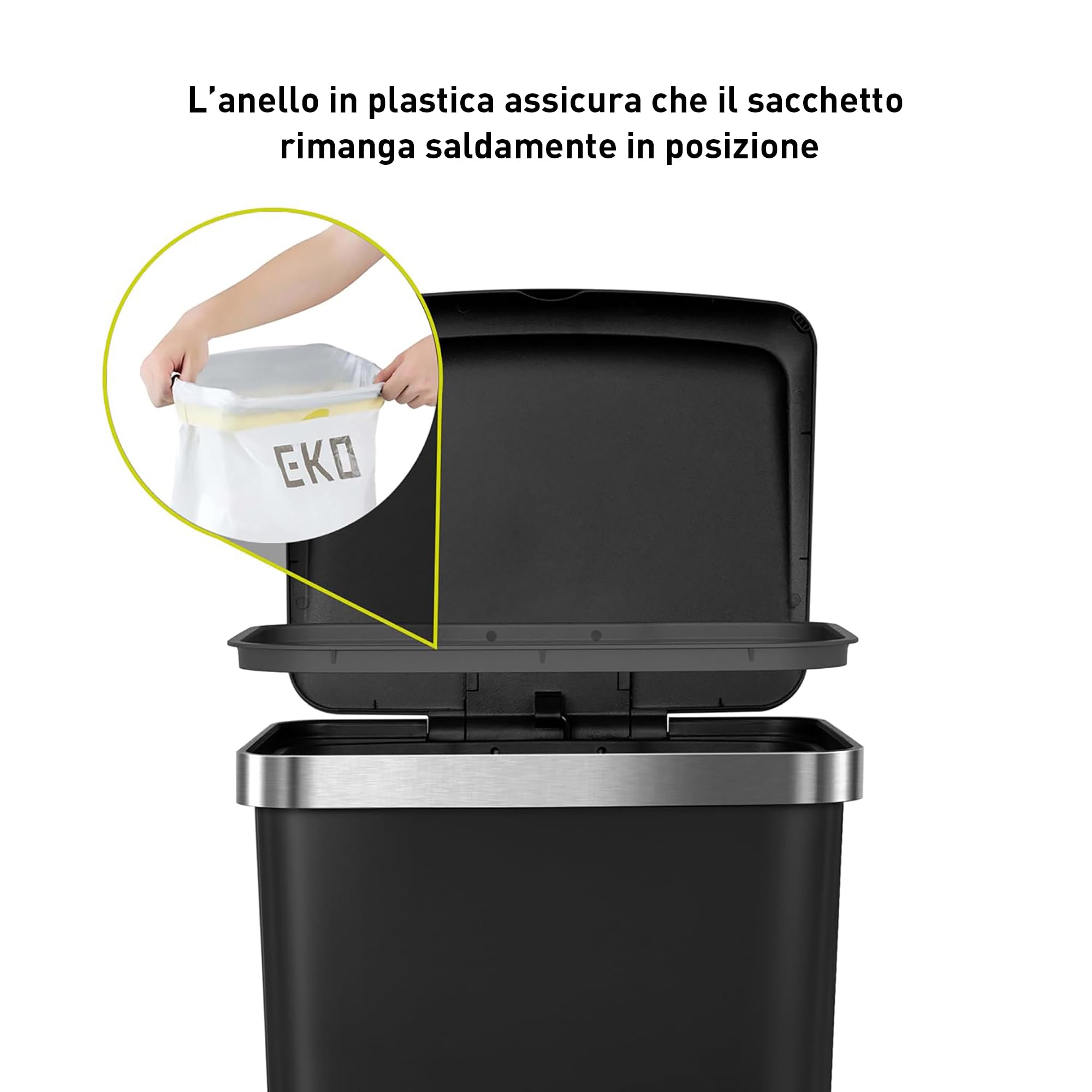 EKO HANA | Pattumiera da bagno e cucina nera da 15 litri con pedale e chiusura ammortizzata | Pattumiera compatta e moderna per bagno o cucina