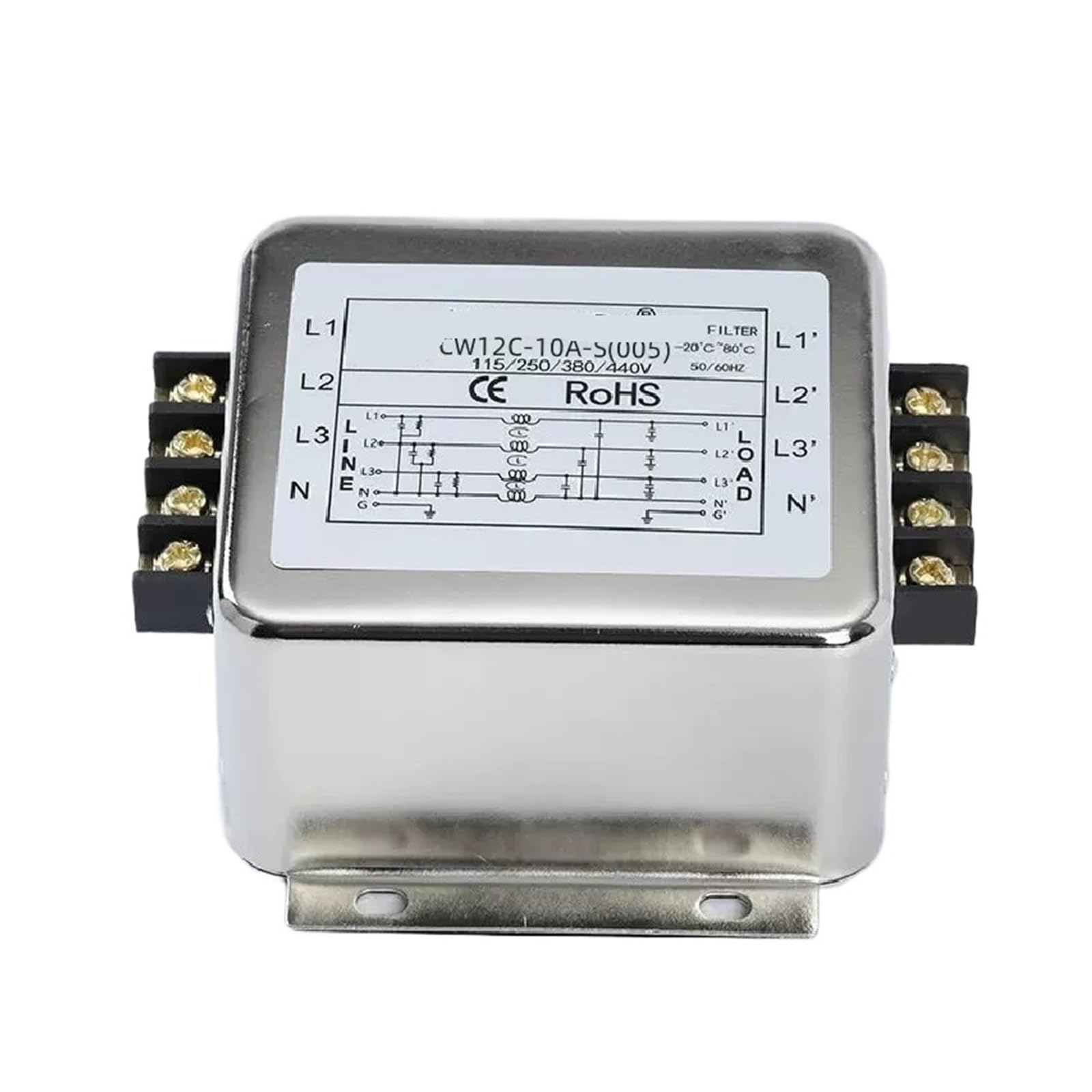 Filtro de potencia CW12C-10A-S que elimina interferencias en redes trifásicas de 380V