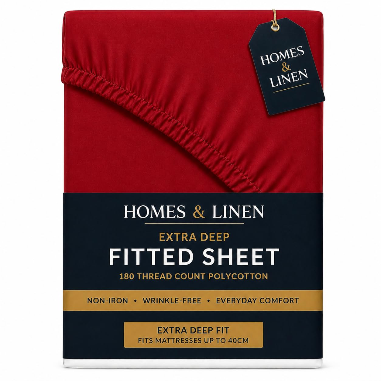 HOMES-LINEN Extra Deep 16” 40CM Fitted Sheet Percale Polycotton 180 Thread Count Soft Breathable Non-Iron Bed Sheet Deep Pocket Mattress Cover Hotel Quality Bedding (Red, Single)