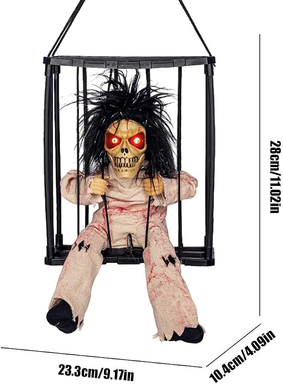 Screaming Animated Hanging Halloween Decorations Outdoor Indoor,Halloween Decor Animated Screaming Scary Talking Ghost,Motion Sensor Skeleton Decor,Hanging Cage Prisoner Prop for House Party (02)