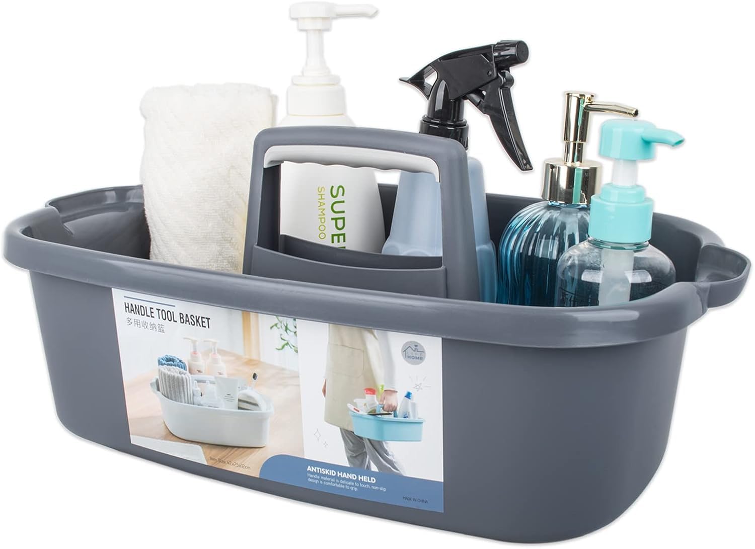 AMPLIN Large Cleaning Supplies Caddy Portable Shower Basket Supply Organizer with Handle Plastic Bucket Tool Storage for Bathroom, Bedroom, Kitchen, College Dorm, Garden, Dark Gray