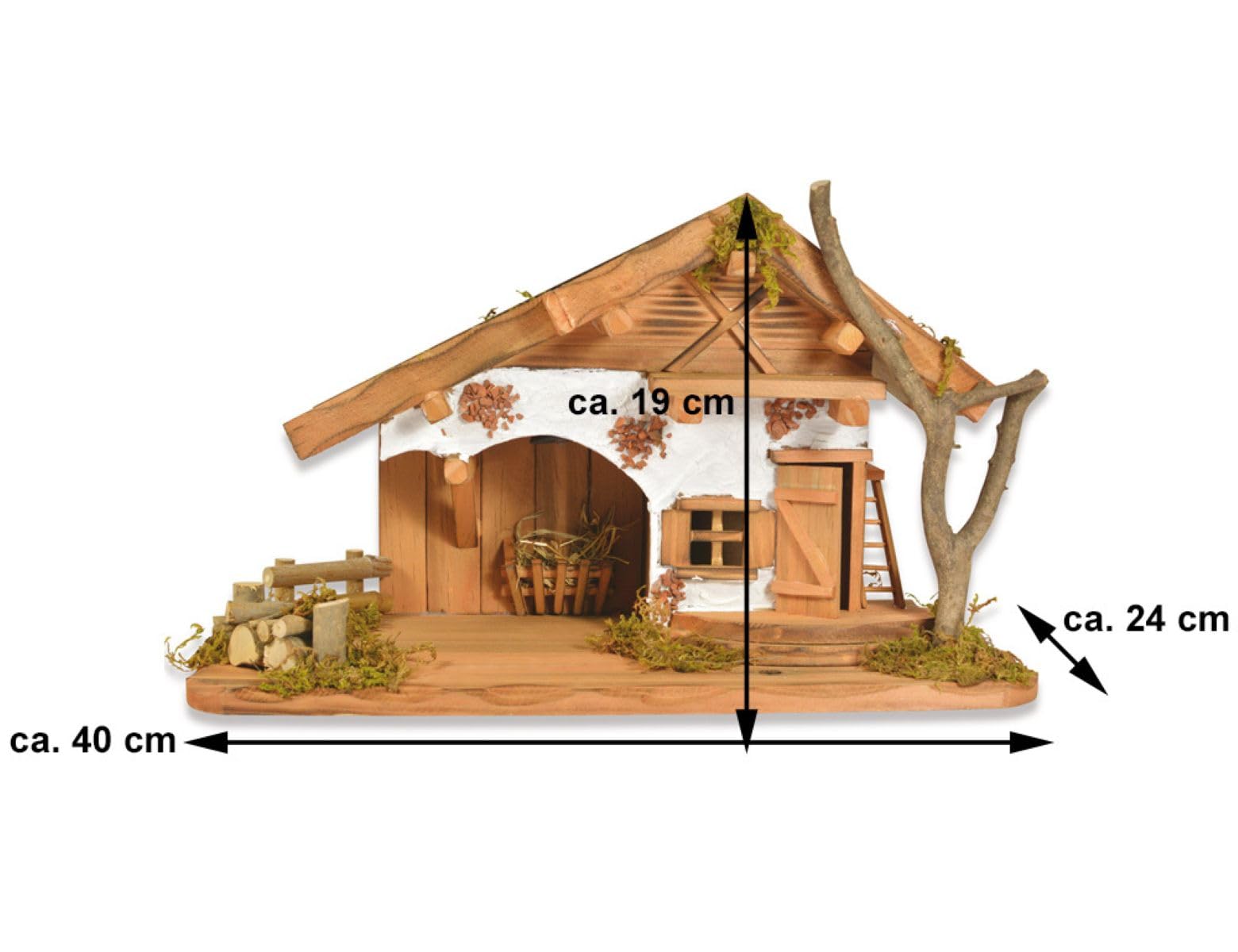 Riffelmacher Weihnachtskrippe „Buchsalm“ mit LED Laterne 40 x 24 x 19 cm | Holz Krippenstall für Figuren 8–10 cm | Weihnachtsstall Krippe Weihnachten | 78089