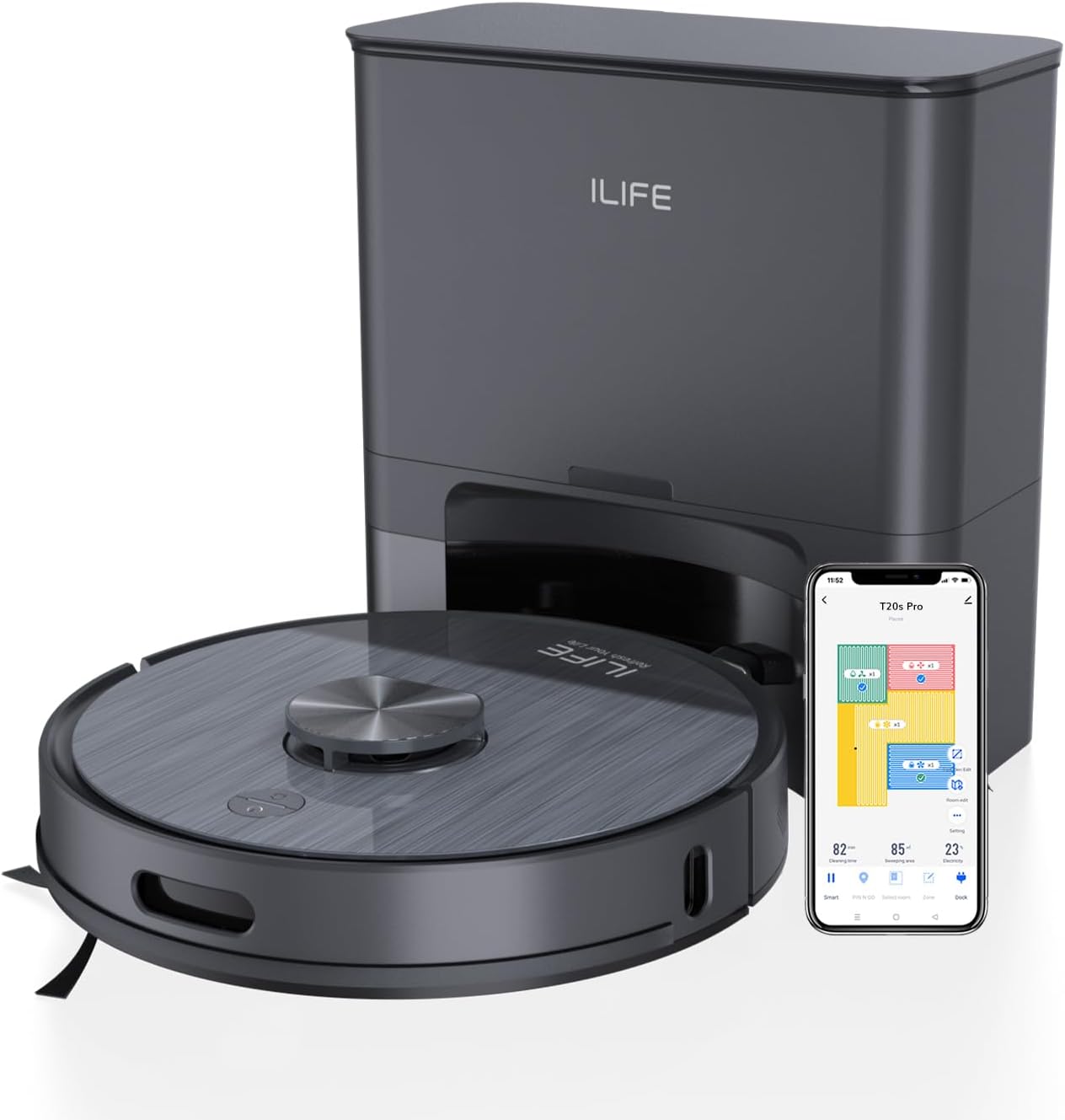 ILIFE T20s Pro Robot Vacuum Cleaner with Advanced LiDAR Navigation, Self-Emptying for Up to 10 Weeks, 6500Pa Suction, Simultaneous Vac and Mop, Multi Floor Maps, Customized Cleaning, App, Alexa & GH