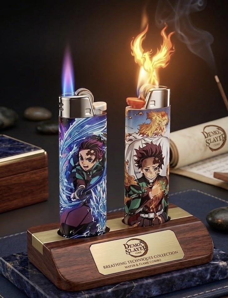 anime cigarette lighter Combo Pack of 2, Deluxe Pocket Lighter Combo Set – Tanjiro Water Breathing & Rengoku Flame Graphic Lighters BRAND NEW - DESIGNED BRUSHED
