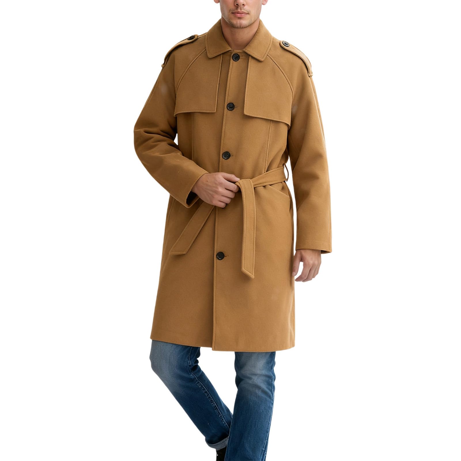 Cappotto di lana da uomo in stile trench - Elegante cappotto invernale lungo con cintura | Cappotto classico da lavoro per autunno e inverno