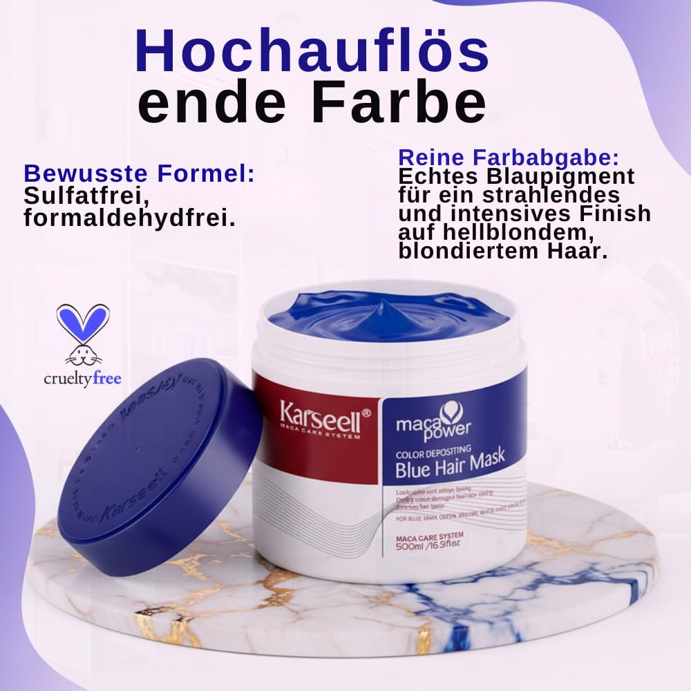 Karseell MACA CARE SYSTEM Blaue Pigment Haarmaske Tönung Farbauffrischung Verstärkt Kühle Blautöne Hydratisiert Repariert Anti-Frizz Für Trockenes Beschädigtes Coloriertes Haar 500ml