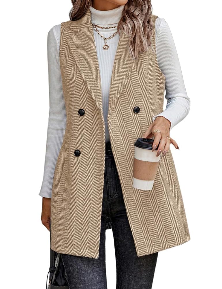 Tweed Gilet Donna Autunno Inverno senza maniche Lungo Lana A Spina di Pesce Blazer Giacche Vestito Capispalla Alla Moda