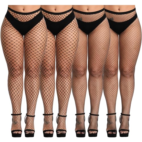 Image of URATOT 4 Pairs Plus Size Fishnet Cross Mesh Tights Sexy Fishnets Pantyhose Stockings Thigh High Stockings