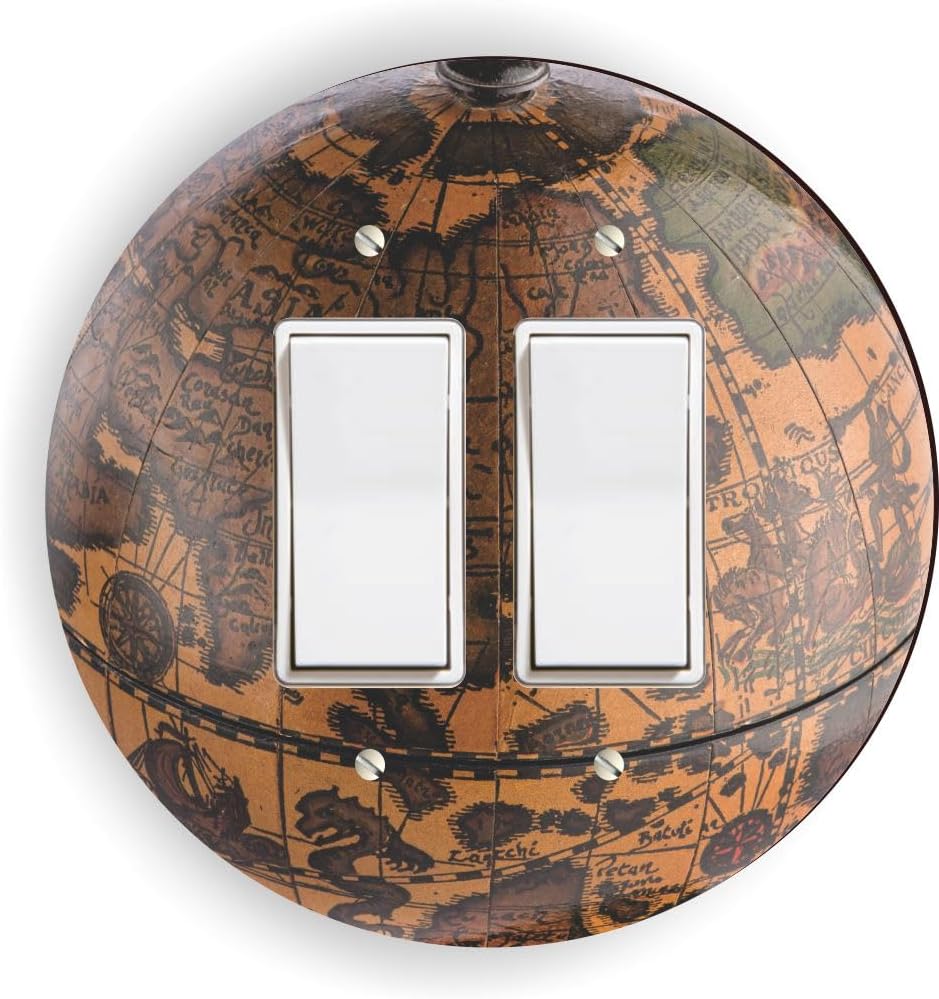 Island Gifting - Vintage Earth Globe with Map Design - Round double rocker switch plate cover, fits two standard rocker or GFCI outlets, modern design.