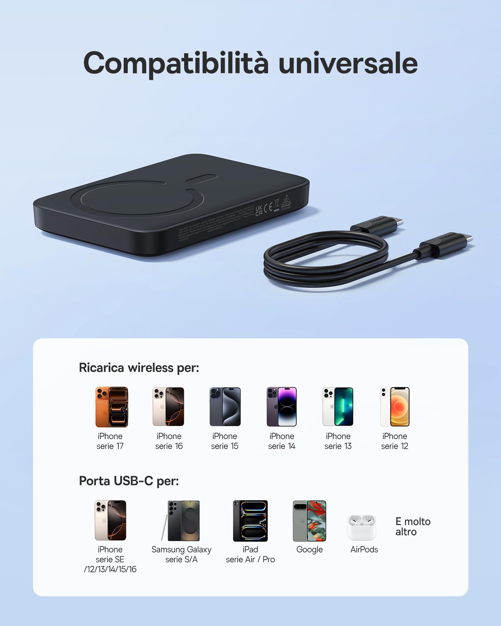 Baseus Enerfill MagSafe Power Bank 10000 mAh 30W USB C Magnetic Power Bank, Batterie Esterne senza Fili, Mini Power Bank Compatibile con iPhone 17/16/15/14/13/12/Pro/Pro Max, Nero (FM11)