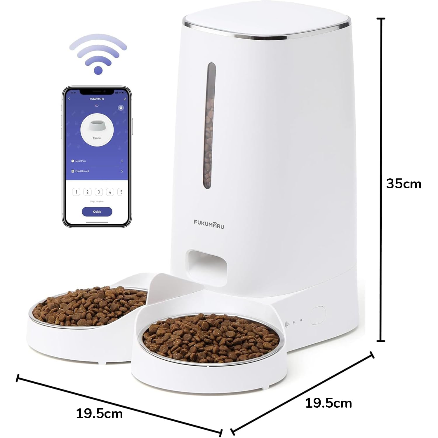 FUKUMARU Distributore Automatico Cibo Gatti, 4L Distributore Cibo Cani con 2 Ciotole in Acciaio Inox, 10 Pasti al Giorno e Controllo del Timer,Consumato per Circa 20 giorni.2.4G WiFi. USB e Batterie