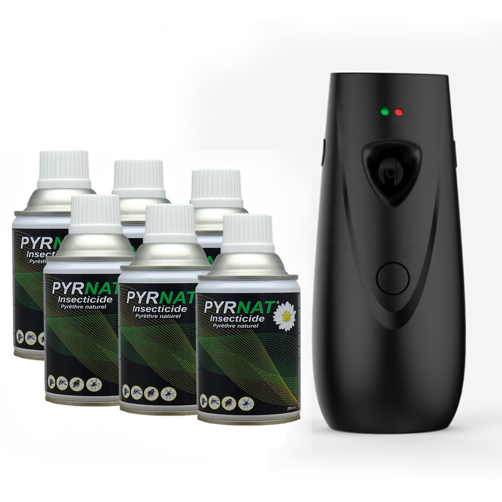 Insecticide 6x250ml au Pyrèthre avec Diffuseur Automatique (Noir) Anti-mouches, Moustiques, Punaise de Lit Efficace contre les insectes volants et rampants. (PYR_6_APRD_07_Noir)