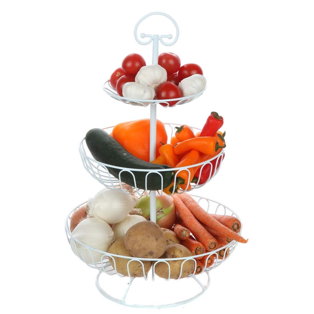 Lily's Home Wire Fruit and Vegetable Holder, 3-Tiered Fruit Basket, Kitchen Accessories - White