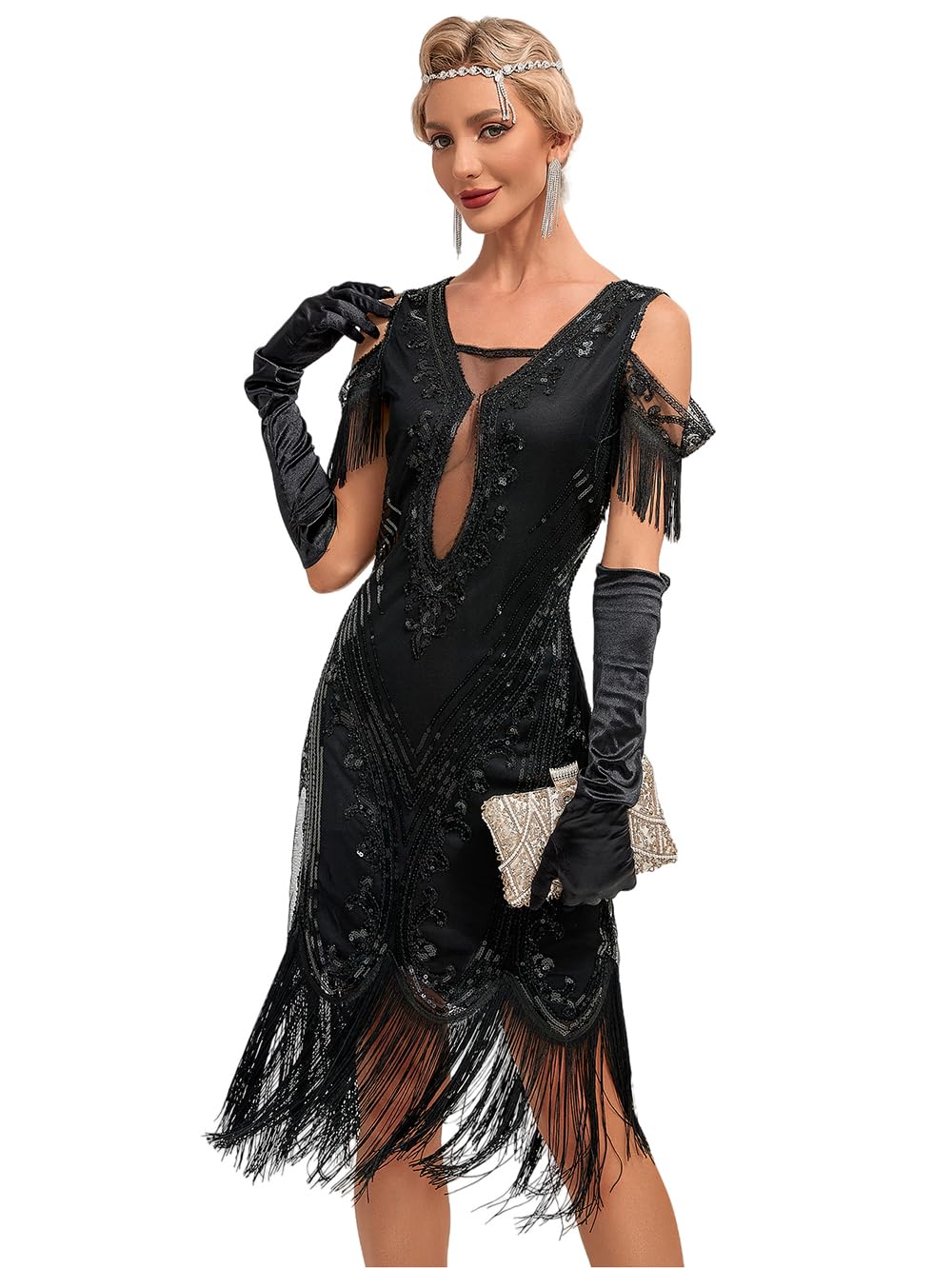 Viloree Femme Flapper 1920s Robe Soirée Longue Paillette Perlée Gatsby Robe Élégante