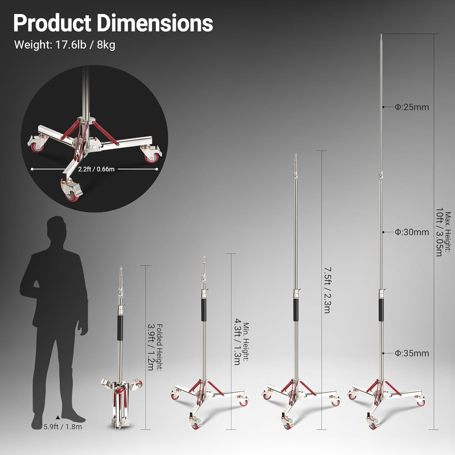 NEEWER Basics 4.3-10ft Photography Light Stand with Casters, 100% Stainless Steel Heavy Duty Tripod Stand for Strobe LED Video Ring Light Monolight Softbox Reflector, 66lb Max Load, SC305B