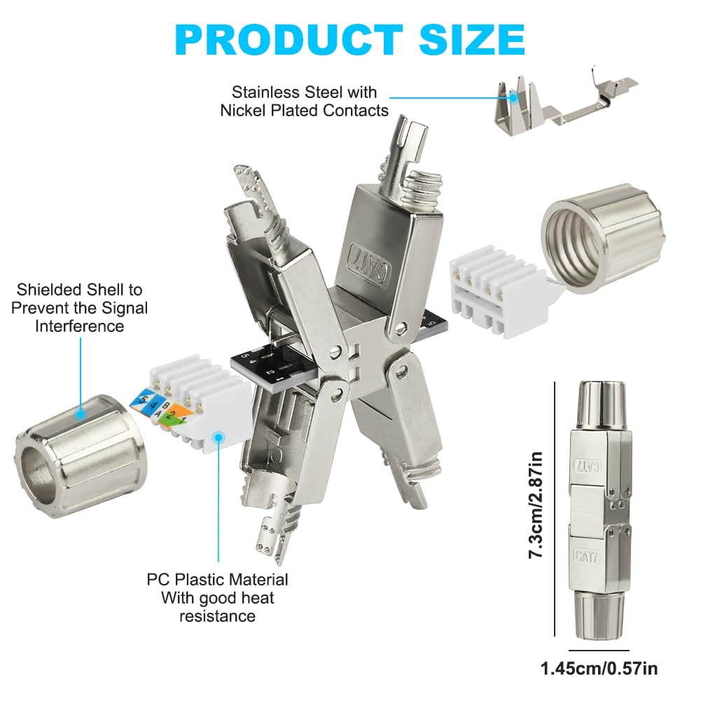 AXFEE 4-pak złączy RJ45, moduł przyłączeniowy łącznika Cat7, złącze Ethernet 8P8C, ekranowany przedłużacz sieciowy, adapter złącza LSA, modułowe złącze wtykowe do kabla Ethernet