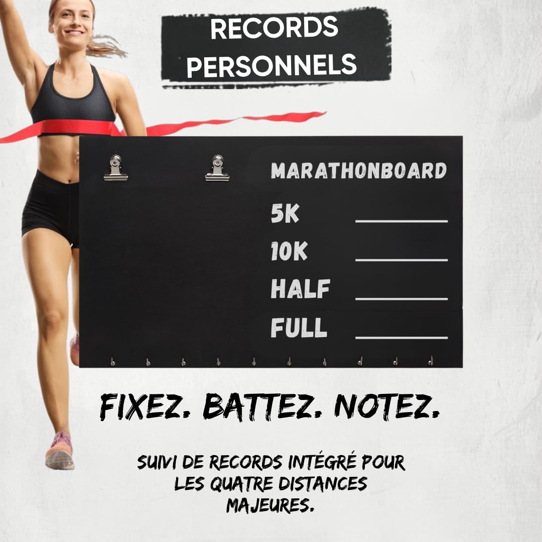 Présentoir pour médailles de Coureur, Porte-Médailles pour Coureurs – Support pour Médailles de Course à Pied et Marathon – Kit de Montage et Craie Inclus