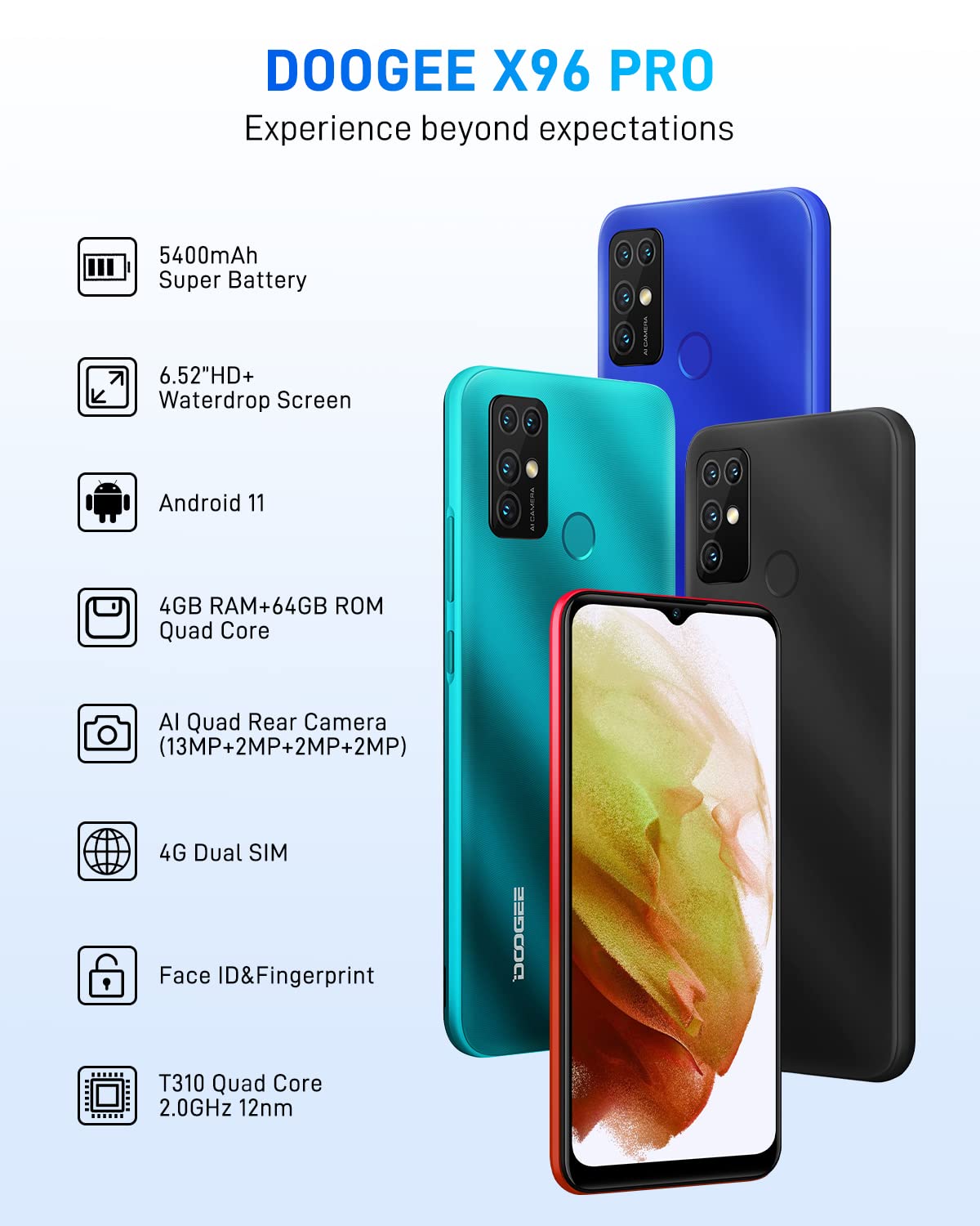 Android 11 Smartphone 4G, X96 Pro (2022) 6,52 cala HD+, 4 GB + 64 GB (SD 256 GB), telefon komórkowy, 5400 mAh, aparat Quad 13MP, Dual Nano SIM+ TF/Face ID/Fingerprint-czerwony