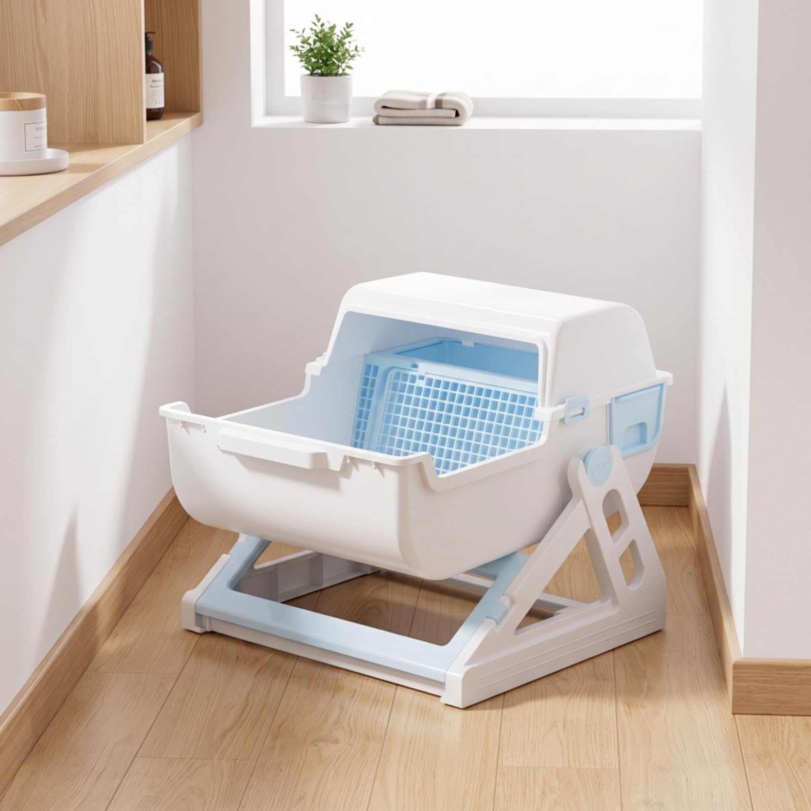 Arenero Semiautomático Amplio Arenero con Rejilla Separación Resistente Caja Semicerrada para s, Casa, Gris Blanco