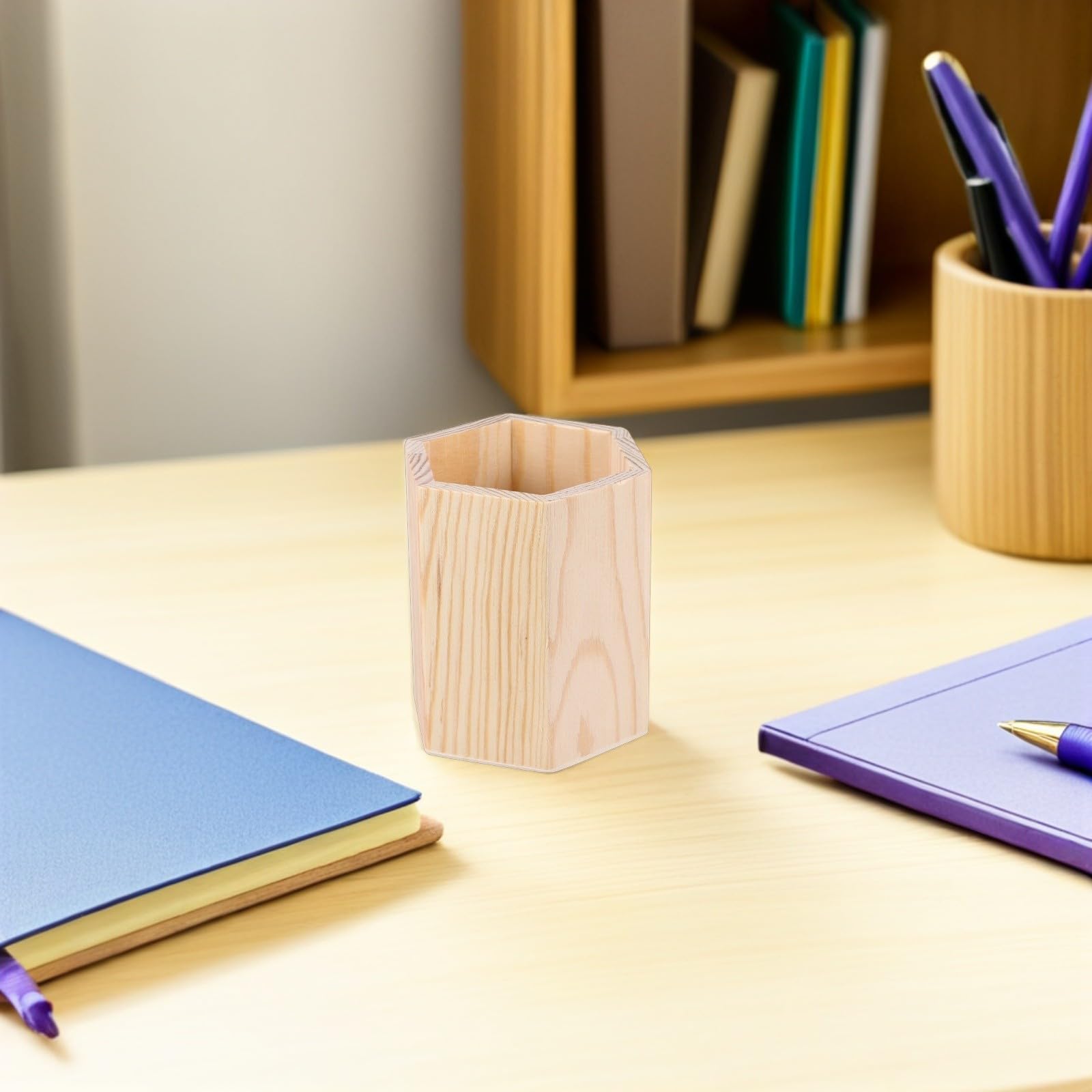 4 Portalápices de Madera Natural para Escritorio Organizador Hexagonal y Redondo DIY Contenedor Rústico para Pinceles de Maquillaje y Papelería Set de 4 Unidades Beige