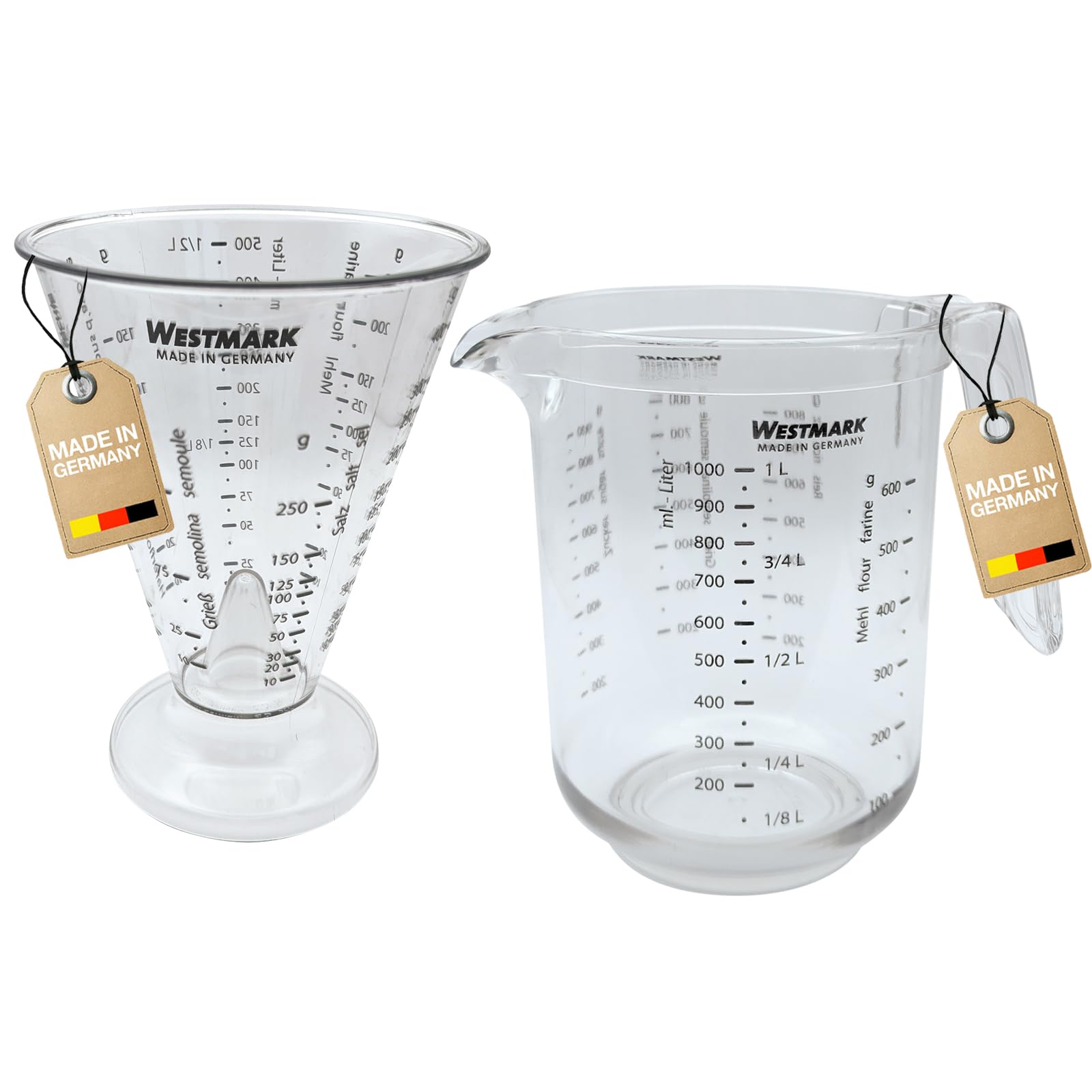 Westmark Set, 2 Items: 1 Measuring Jug + 1 Measuring Cup With Fine Measuring Cone, Multilingual, Multiple Units Of Measurement, Capacity: 0.5 + 1 Litre, Gerda, Plastic, Transparent, 306822E7