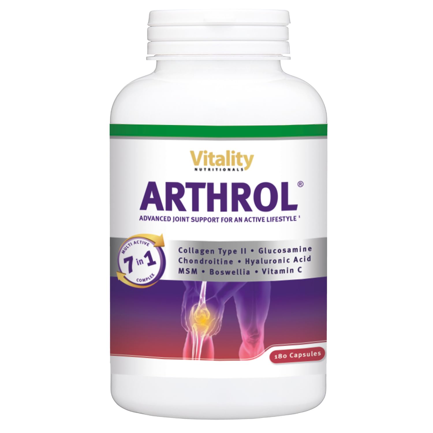 Arthrol gélules pour les articulations à forte dose avec MSM, collagène, glucosamine, hyaluron sans additifs, 180 capsules, douleurs articulaires, acides aminés. Vitality Nutritionals by