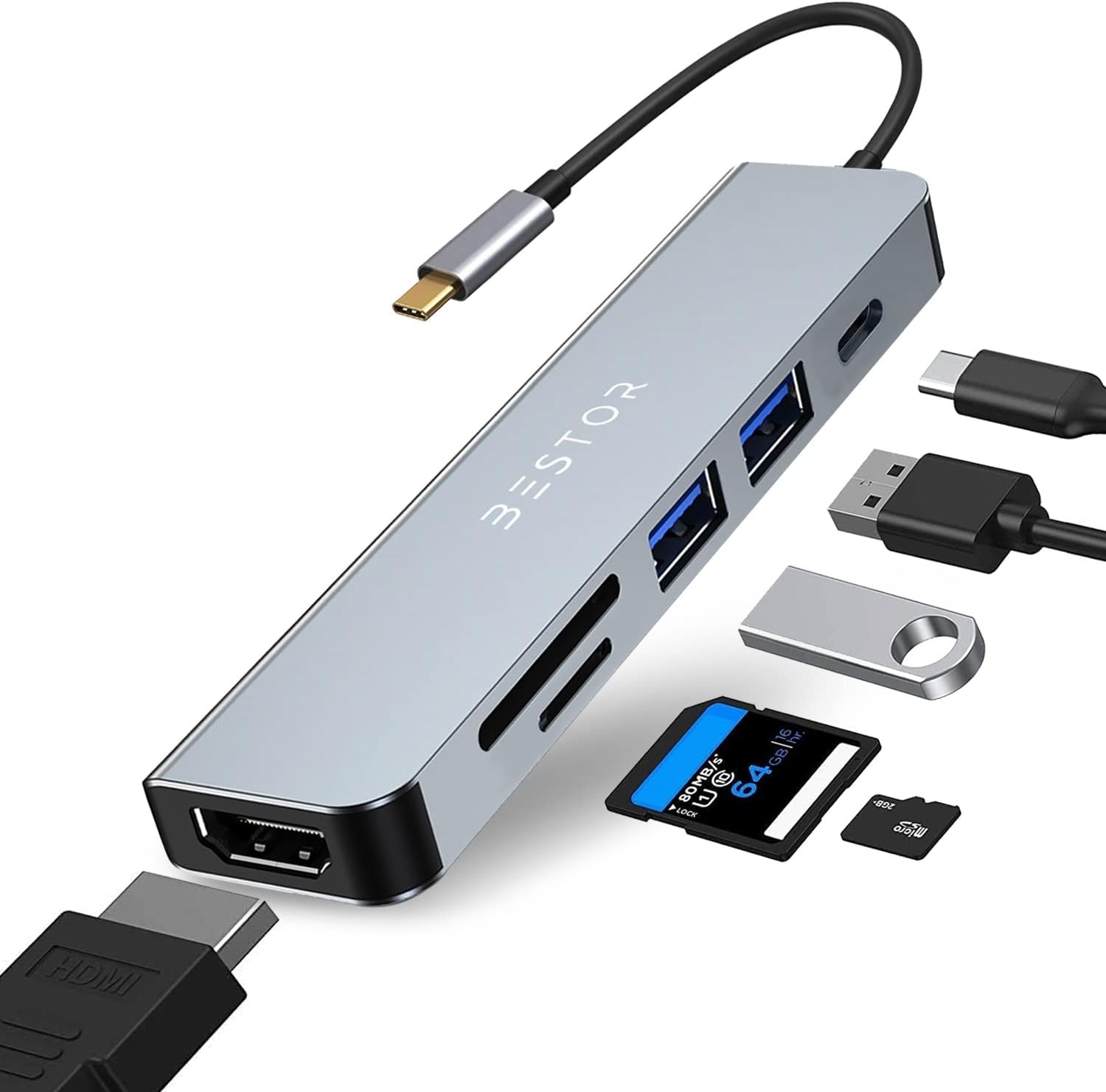 BESTORยฎ USB C Hub HDMI Adapter, 6 in 1 Multiport Dock for MacBook pro to HDMI 4k,2 USB 3.0 Ports SD/TF Card Reader 55W PD,Compatible for USB C Laptops Nintendo and Other Type C Devices